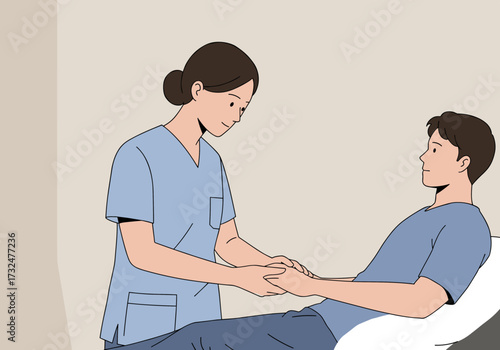 Healthcare professional assisting patient in hospital room medical care comforting environment view