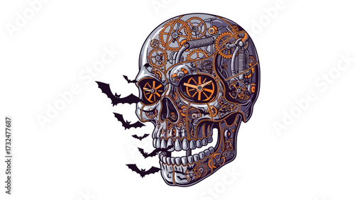 Steampunk Skull Art: A meticulously crafted steampunk-inspired skull, adorned with intricate gears and mechanical elements, sets a dark ambiance, with bats creating dynamic visual effects.