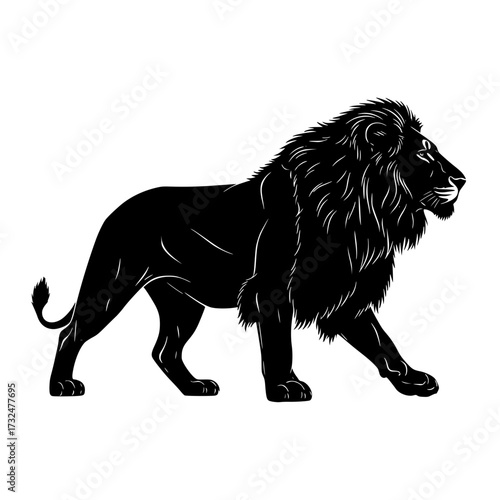 Vector art of black lion silhouette standing sideways with mane and tail visible