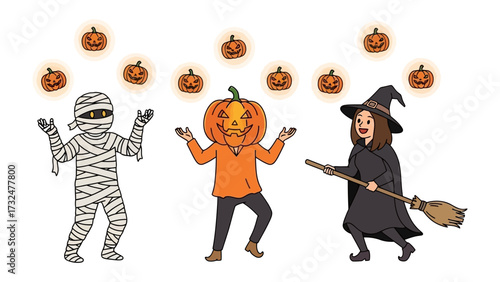 Spooky Gathering: A vibrant and artistic Halloween scene showcases a trio of costumed characters, including a mummy, a pumpkin-headed figure, and a witch, surrounded by floating.