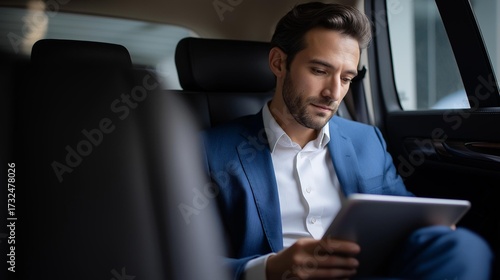 A focused businessman using a tablet in the back seat of a luxury car, exemplifying modern work-life balance.