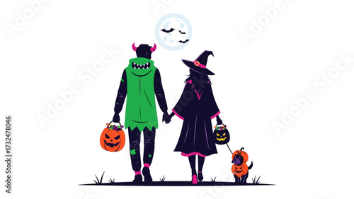 Halloween Stroll: A charming illustration depicts two figures in Halloween costumes, one a monster and the other a witch, walking hand-in-hand under a full moon with bats.