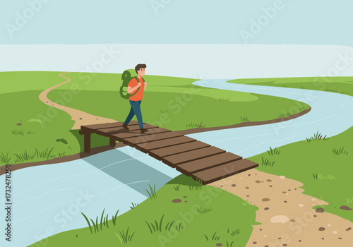 Hiking adventure across a wooden bridge scenic landscape nature background vibrant green environment