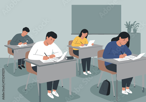 Students taking exam in classroom educational setting modern learning environment focused atmosphere