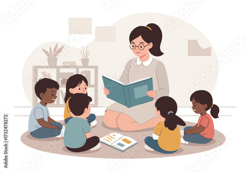 Storytime with a teacher and children classroom cozy indoor setting engaging learning experience