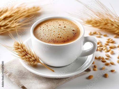 A steaming cup of coffee surrounded by golden wheat, perfect for a cozy morning or a refreshing break.