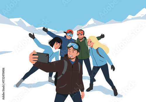 Group of friends taking a selfie on a snowy mountain winter adventure vibrant landscape cheerful mood