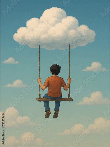 Person sitting on a swing hanging from a cloud
