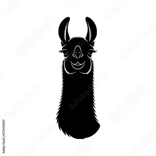 Vector art of black and white silhouette of a stylized llama with curved horns