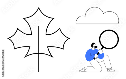 Person kneeling with magnifying glass studying environment, giant leaf, and cloud. Ideal for ecology, research, discovery, science, exploration environment awareness education. Minimalistic flat
