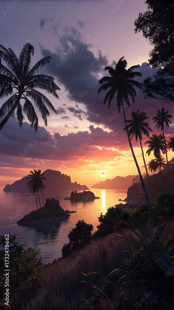 Obraz premium A breathtaking tropical sunset paints the sky with vibrant hues of orange, pink, and purple over a serene ocean, silhouetting palm trees and lush islands.