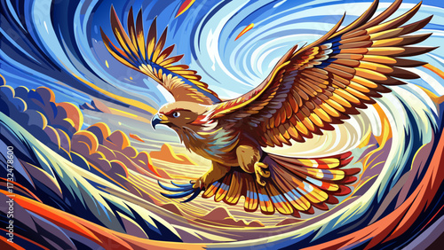 Illuminate the condor gliding above misty mountains, impressionist hues merging realism, feathers glowing with color, light, power, freedom, endurance, majesty, strength, and artistry.