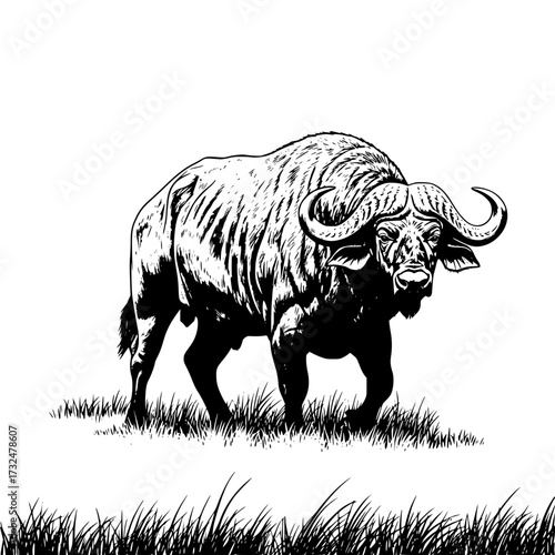Vector art of black and white illustration of african buffalo standing in grassland with detailed fur texture