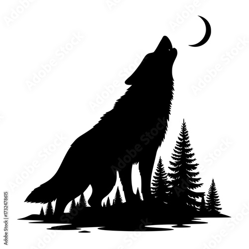 Vector art of majestic wolf silhouette howling under crescent moon against dark forest background