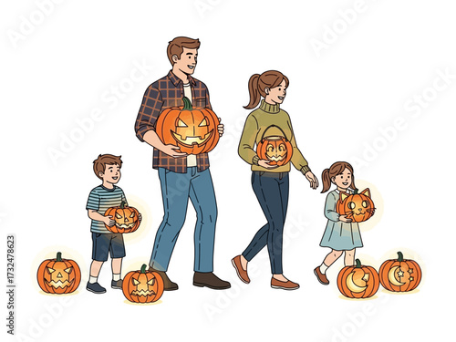 Family Pumpkin Festival: A heartwarming illustration of a family, dressed in autumn attire, joyfully walking along carrying carved pumpkins, exuding the spirit of Halloween festivities. 