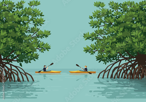 Kayaking adventure in mangrove forests nature scene outdoor exploration serene water environment aerial view