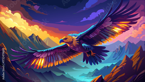 Illuminate the condor gliding above misty mountains, impressionist hues merging realism, feathers glowing with color, light, power, freedom, endurance, majesty, strength, and artistry.