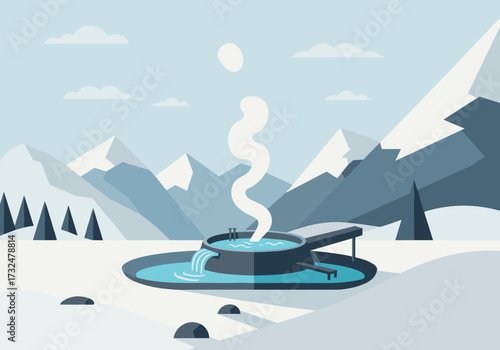 Relaxing hot spring experience in snowy mountains scenic landscape digital tranquil environment