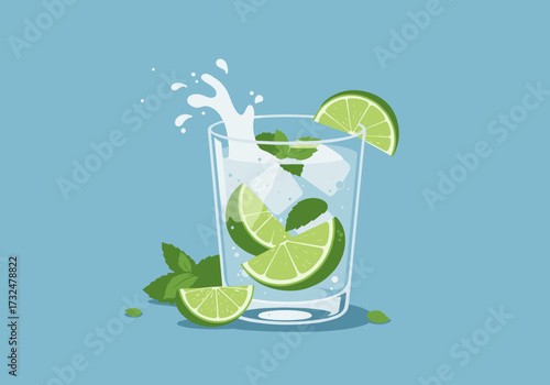 Refreshing lime drink splash kitchen counter digital bright blue background beverage concept