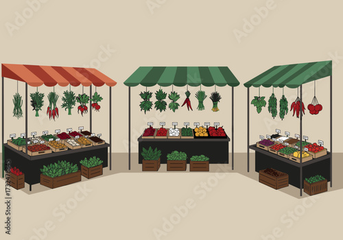 Vibrant market event featuring fresh produce local farmers illustrated urban setting aerial view community engagement