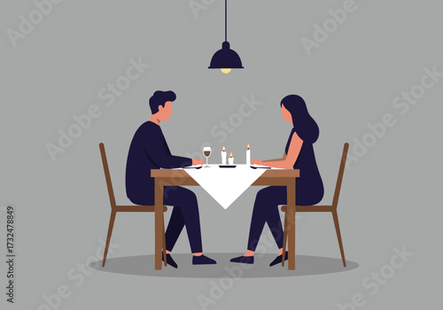 Romantic dinner date for two cozy restaurant illustrative design minimalist style intimate setting