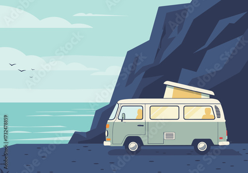 Adventure road trip van by the ocean coastal landscape tranquil scene summer vibes