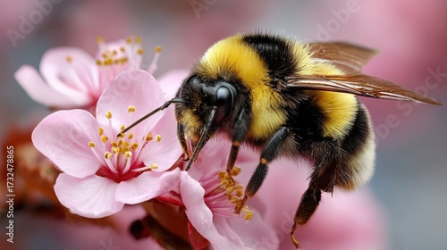 A yellow and black bumblebee is on a pink flower. The bee is eating the flower