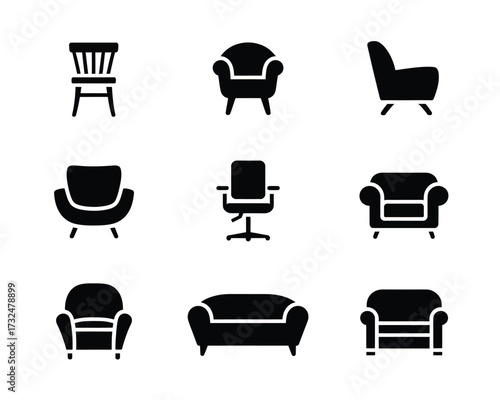 Collection of nine scalable vector furniture icons for interior design and decor silhouette vector illustration white background