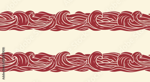 Stylized waves border, maroon against cream background, repeated pattern