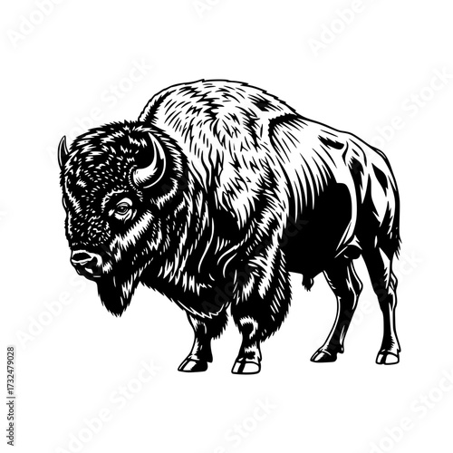 Vector art of black and white illustration of a majestic buffalo