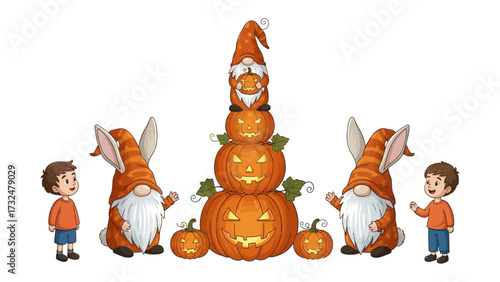 Pumpkin and Gnome Halloween Display: Adorable illustrated scene featuring kids and gnomes interacting with a creatively stacked pumpkin display, all set against the backdrop of Halloween's charm.