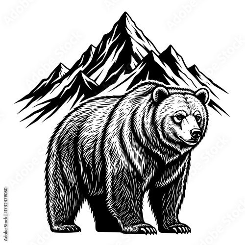 Vector art of majestic bear illustration with mountainous background in monochrome art style