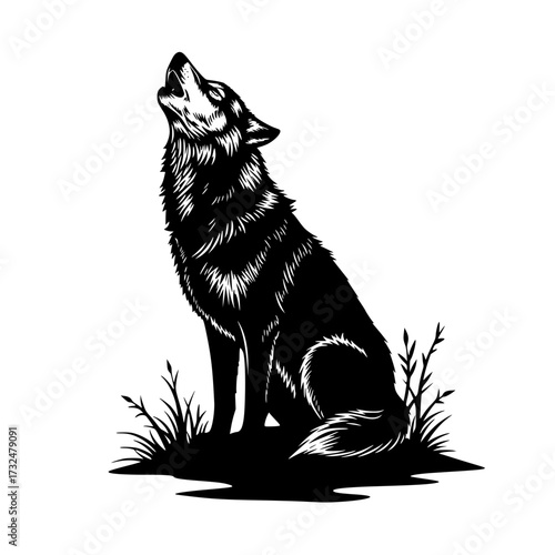Vector art of majestic black wolf howling under moonlit sky with detailed fur and natural habitat
