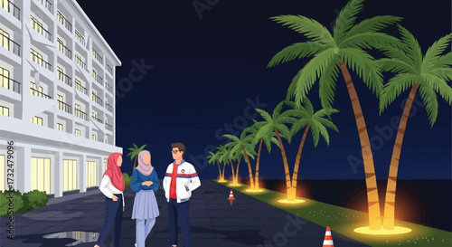 Night Meeting Near Tropical Palms by the Shore