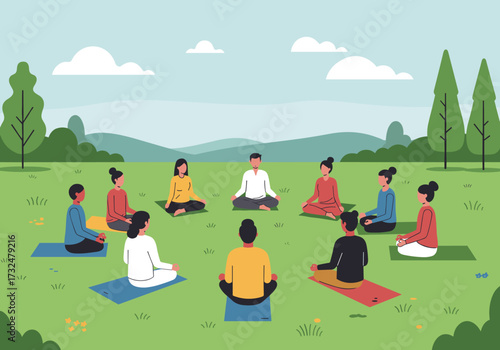 Group meditation session outdoors tranquil park serene environment bird's eye view mindfulness concept