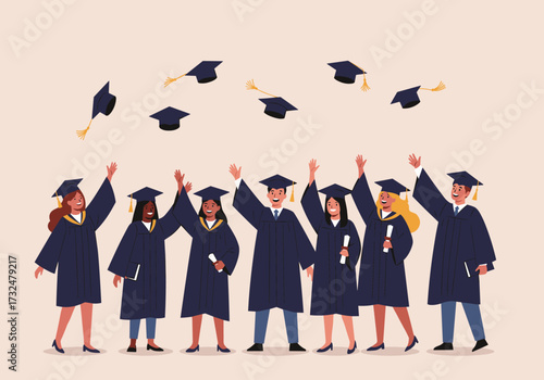 Graduation celebration university campus group of students joyful atmosphere upward view achievement and community