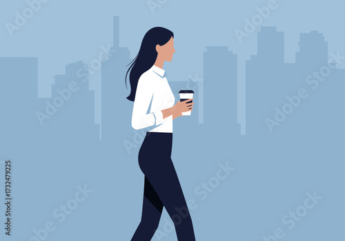 Woman walking with coffee in cityscape urban lifestyle minimalist environment side view modern concept