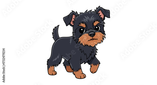 A cute cartoon styled black and tan terrier puppy standing on a white background
