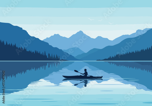 Kayaking adventure on tranquil lake majestic mountains in background digital serene environment aerial view