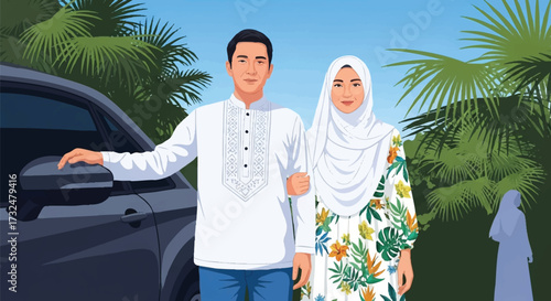 Couple in Traditional Muslim Dress near Car in Tropical Setting