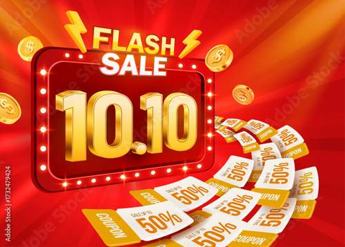 10.10 Flash sale banner template with wave of gift vouchers with coupon code, 50% off, golden coins, isolated on background with light effect. 9.9 coupon fly banner design in 3d vector illustration