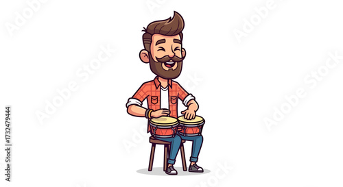 Animated character playing bongos with joyful expression in casual attire setting