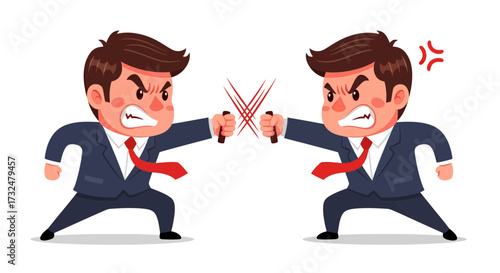Animated business rivals facing off in a tense confrontation displaying competitive corporate