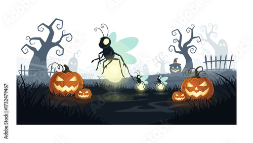 Spooky Halloween Night Scene: An enchanting scene of a Halloween night features glowing jack-o'-lanterns, silhouetted trees and playful fireflies dancing in a mystical, atmospheric illustrated scene.