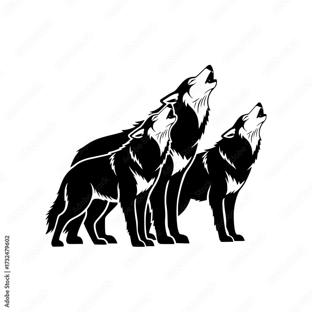 Fototapeta premium Vector art of three howling wolves silhouette art, black and white design