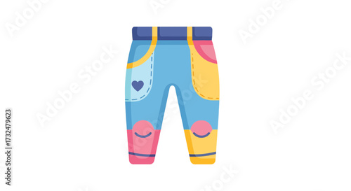 Cartoon baby trousers with colorful patches and playful knee decorations over black