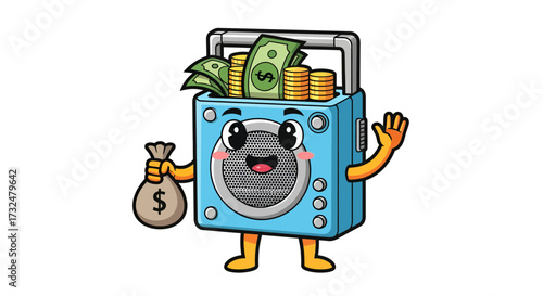 Cartoon boombox character overflowing with money bags and coins represents success