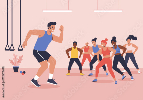 Dynamic fitness class gym digital energetic environment engaging viewpoint health and wellness concept