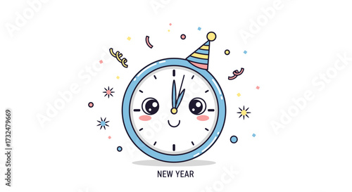 Cartoon clock face illustration for new year celebration with festive elements