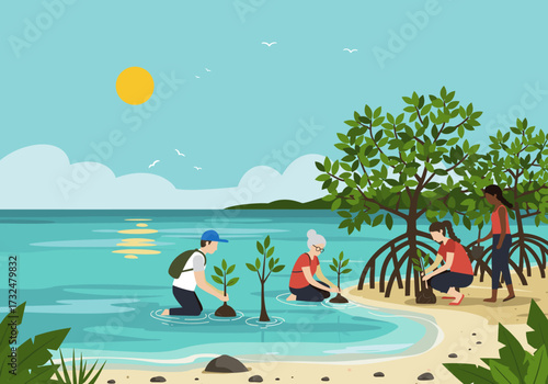 Community members planting mangrove trees along the shoreline to combat coastal erosion and enhance biodiversity